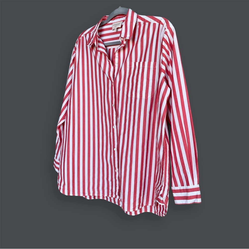Sezane Coral and White Striped Button-Down Shirt - Picture 13 of 16